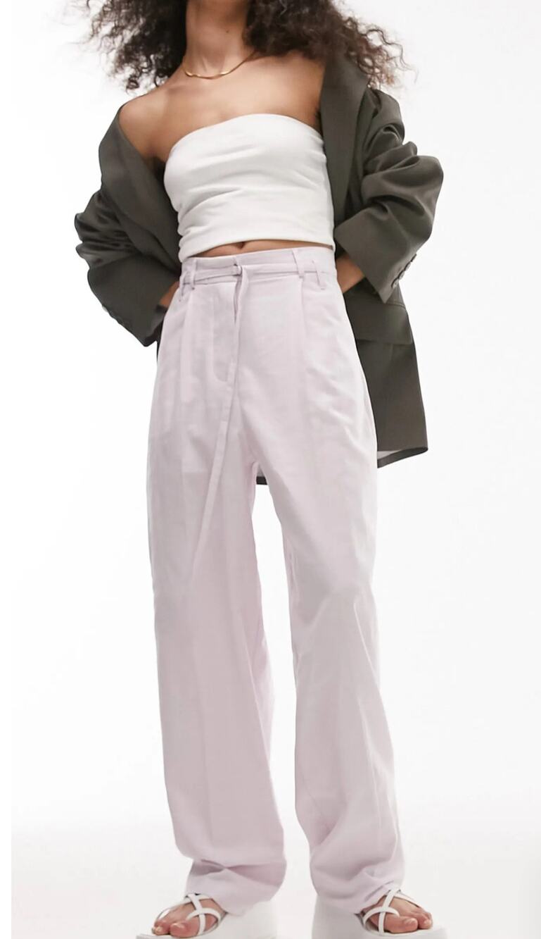 Topshop Women's Light Purple Tapered Belted Trousers Linen Blend 4 NWT